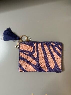 On 34th Beaded Coin Pouch Navy Pink Zebra Print NWT Tassel Keychain